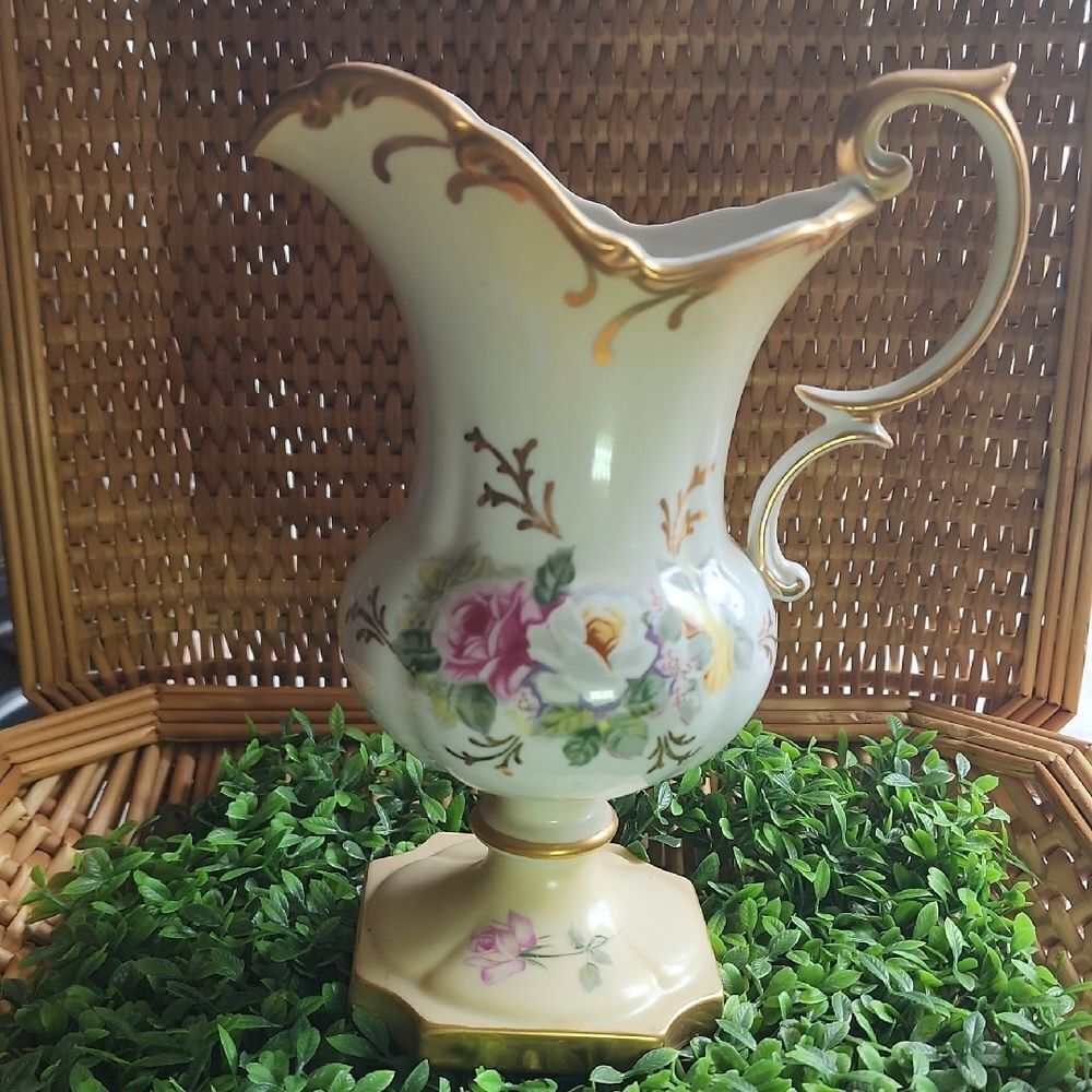 Antique Porcelain Floral Pitcher Vase With Gold Tone Accent Coquette Bridal